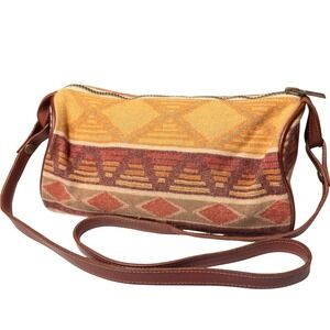 Pendleton Wool Southwestern Geometric Crossbody Bag Leather Trim Orange Red Tan